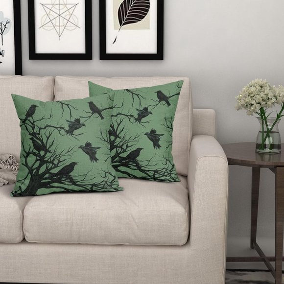 Set 2 Green Black Crow Pillow Covers 18" Square Pillows Crows Ravens Gothic New - Picture 5 of 12